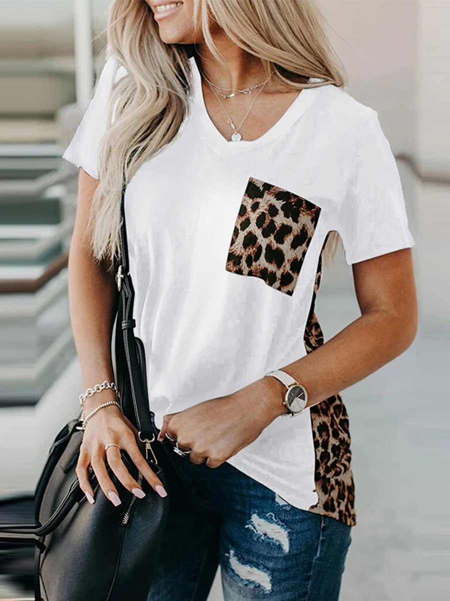 Maternity Leopard Splicing V-Neck T-Shirt - dianjiang-