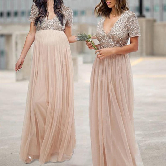 Maternity V Neck Maxi Tulle Dress With Tonal Delicate Sequins - dianjiang-