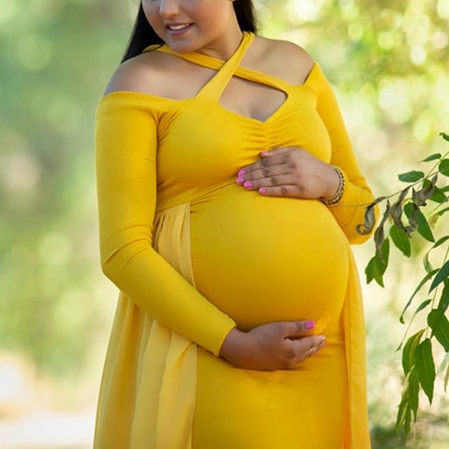 Maternity Sweet Halter Neck Yellow Long Sleeve Off Shoulder Dress - dianjiang-