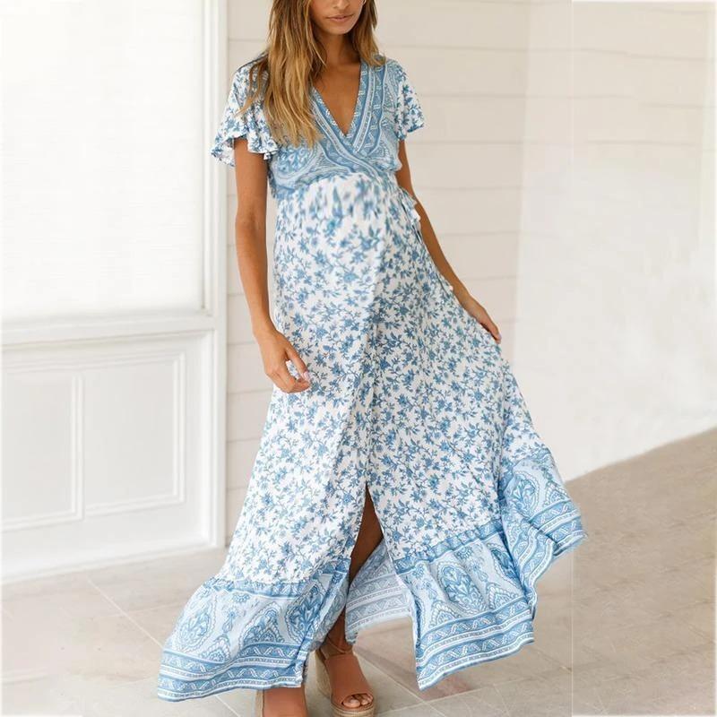 Maternity Printed With Short Sleeves Casual Long Dress - dianjiang-