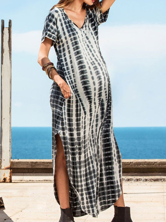 Round Neck Short Sleeve Print Loose Maternity Dress - dianjiang-