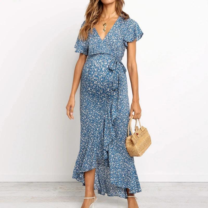 Maternity Fashion V-neck Floral Tie Ruffle Dress - dianjiang-