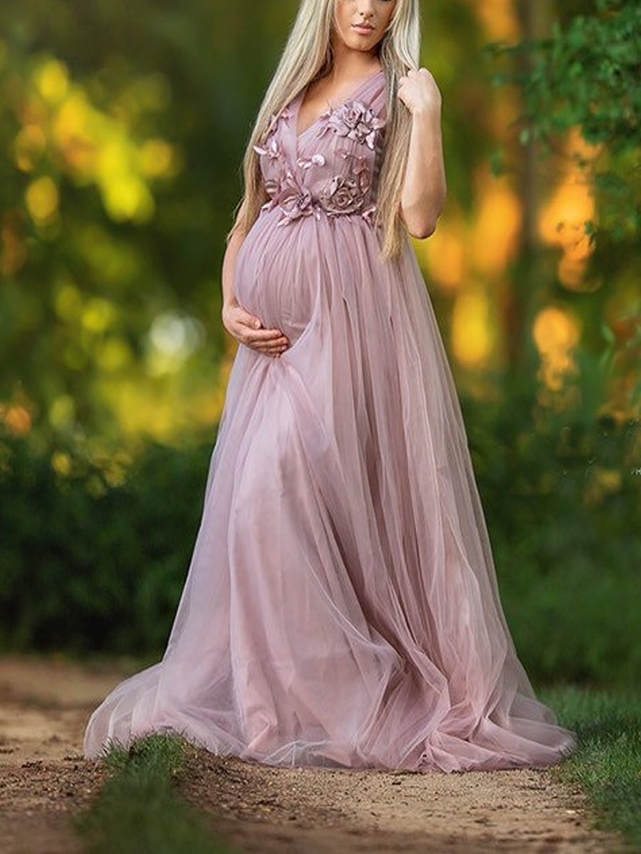 Maternity V-neck Mesh Maxi Dress - dianjiang-