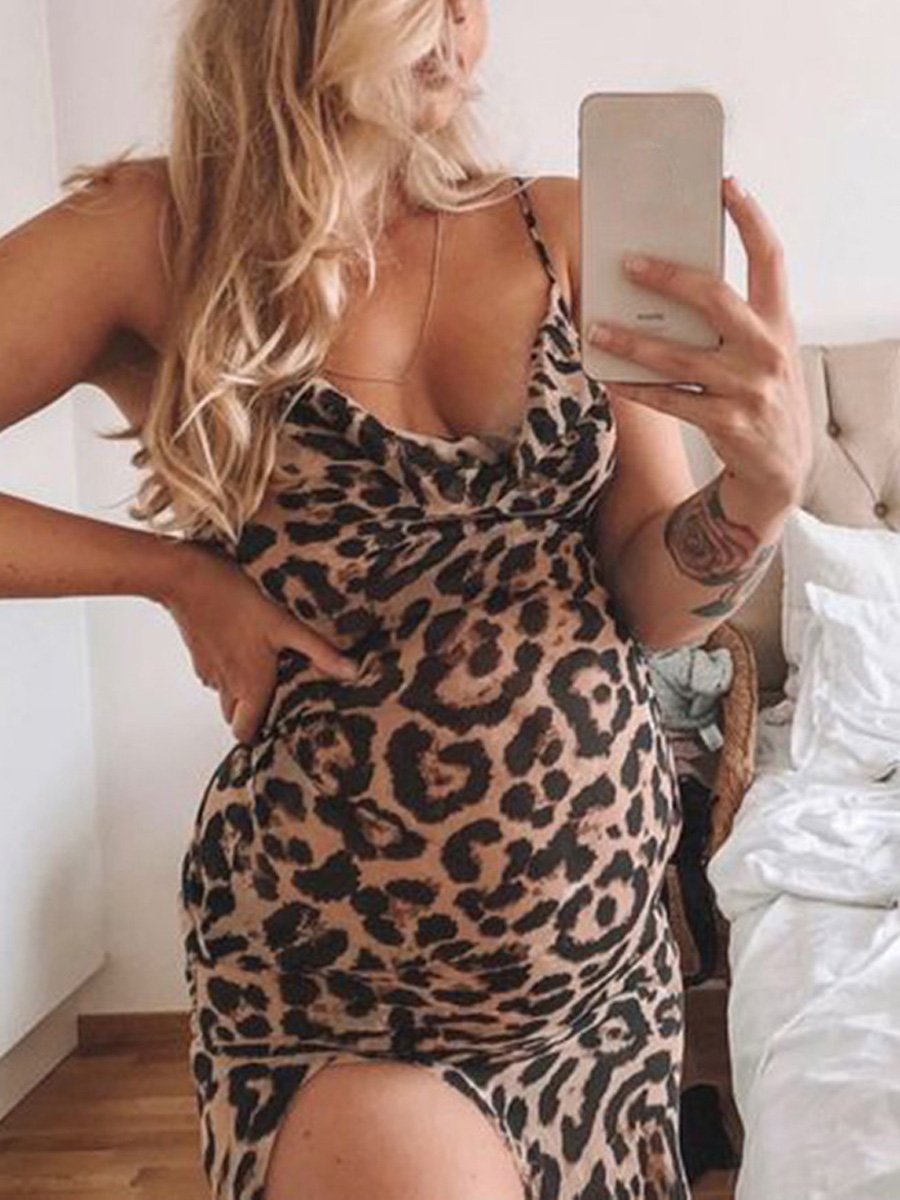 Maternity Leopard Print V-Neck Split Dress - dianjiang-