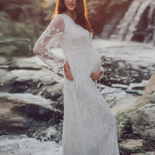 Maternity White Crochet Lace Photographic Long Dress - dianjiang-