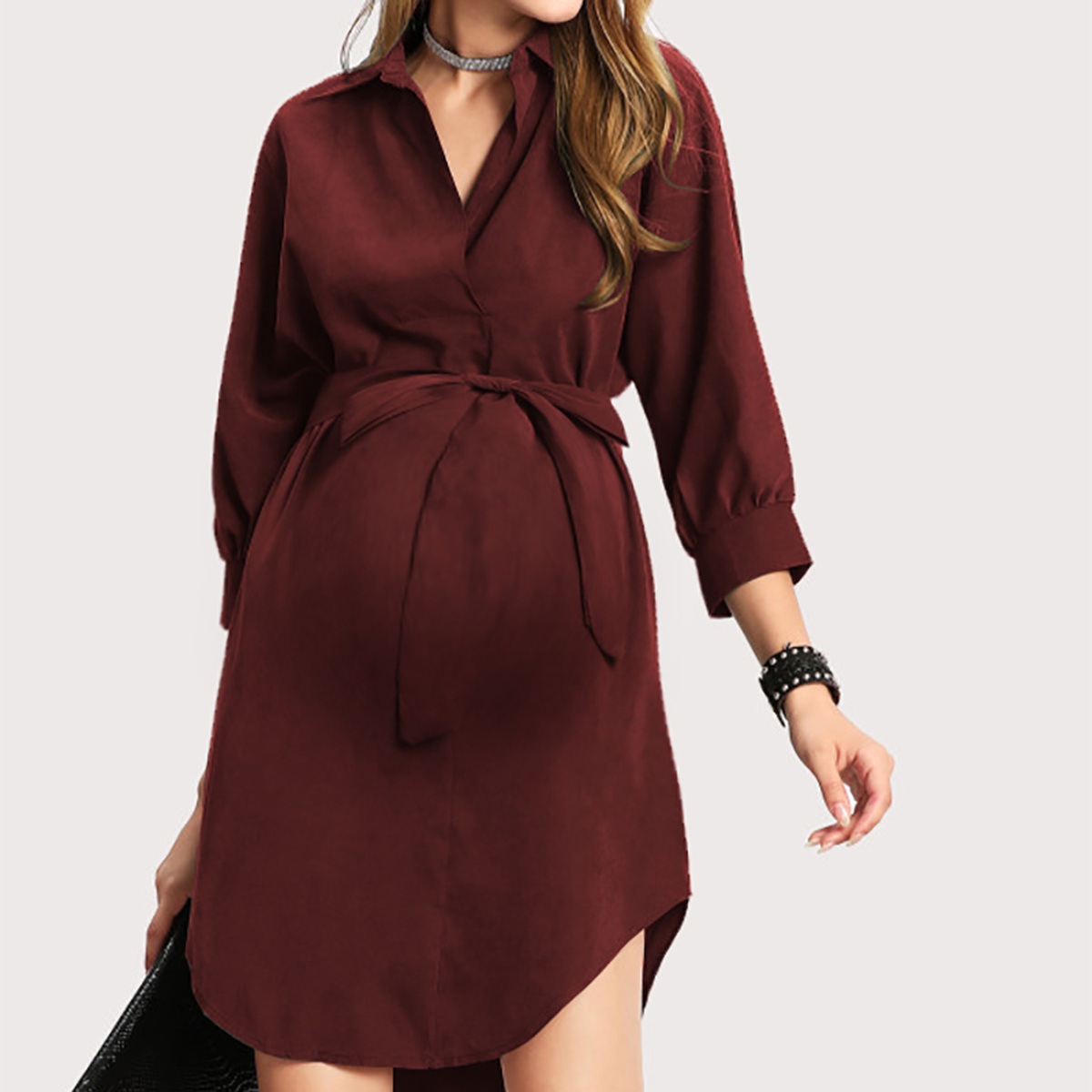 Maternity Fashion V Neck Pure Colour Shirtdress - dianjiang-