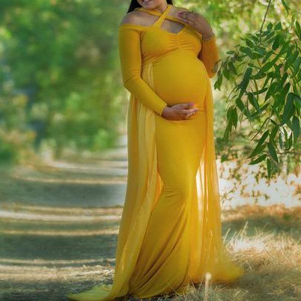 Maternity Sweet Halter Neck Yellow Long Sleeve Off Shoulder Dress - dianjiang-