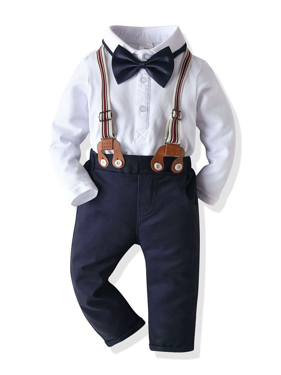 4-Piece Baby Boy Outfits Bow Tie Bodysuit Matching Suspender Pants - dianjiang-