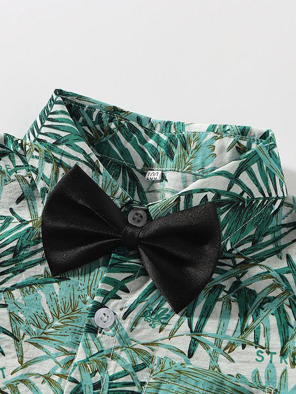 4-Piece Hawaii Style Baby Toddler Boy Outfit Shirt Matching Bowtie+Suspender Shorts - dianjiang-