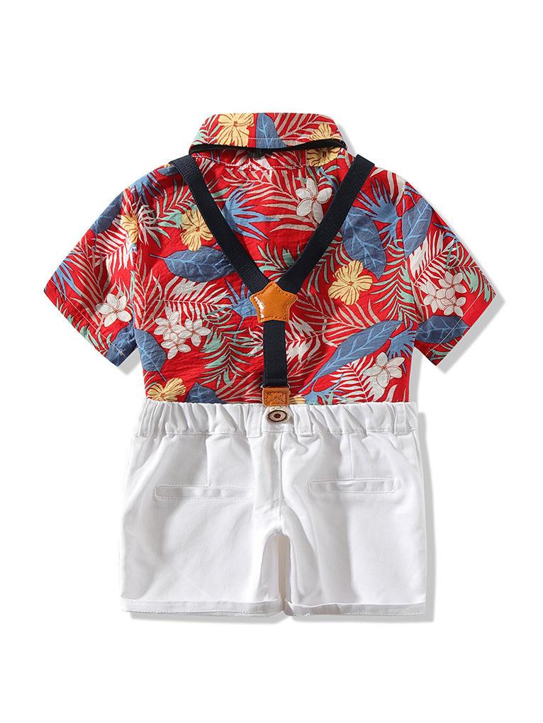 4-Piece Hawaii Style Baby Toddler Boy Outfit Shirt Matching Bowtie+Suspender Shorts - dianjiang-