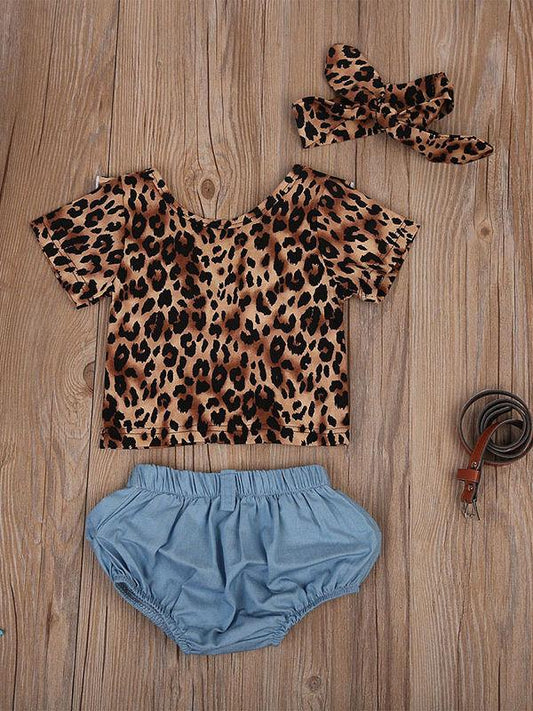 4-Piece Stylish Clothes Outfits Leopard Print T-shirt+Short Pants with Belt+Headband - dianjiang-
