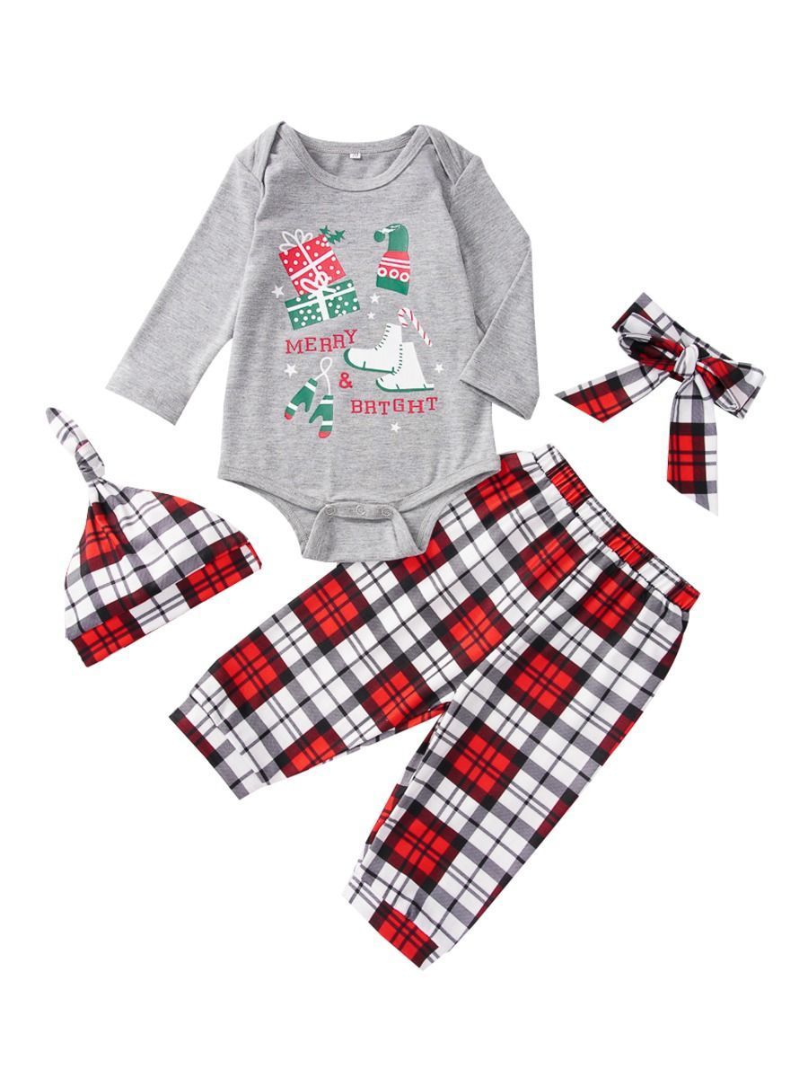 4-Piece Xmas Theme Baby Outfits Bodysuit and Pants and Hat and Headband - dianjiang-