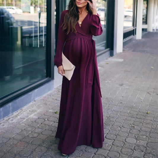 Maternity Solid Color Long Casual Dress - dianjiang-