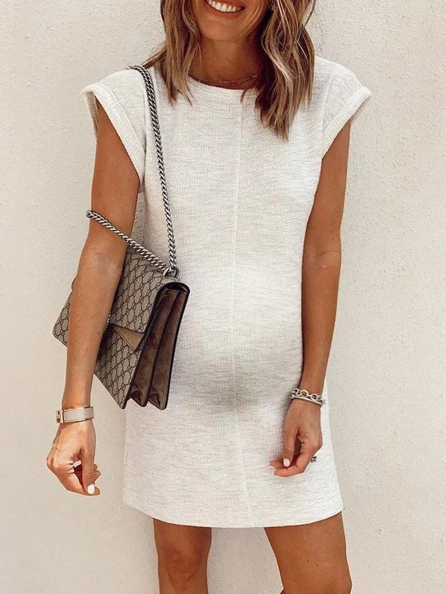 Maternity Round Neck White Casual Mini Dress - dianjiang-