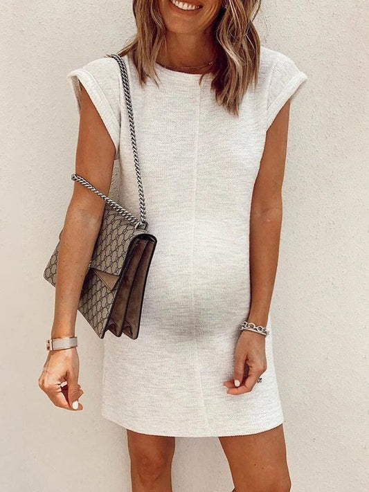 Maternity Round Neck White Casual Mini Dress - dianjiang-