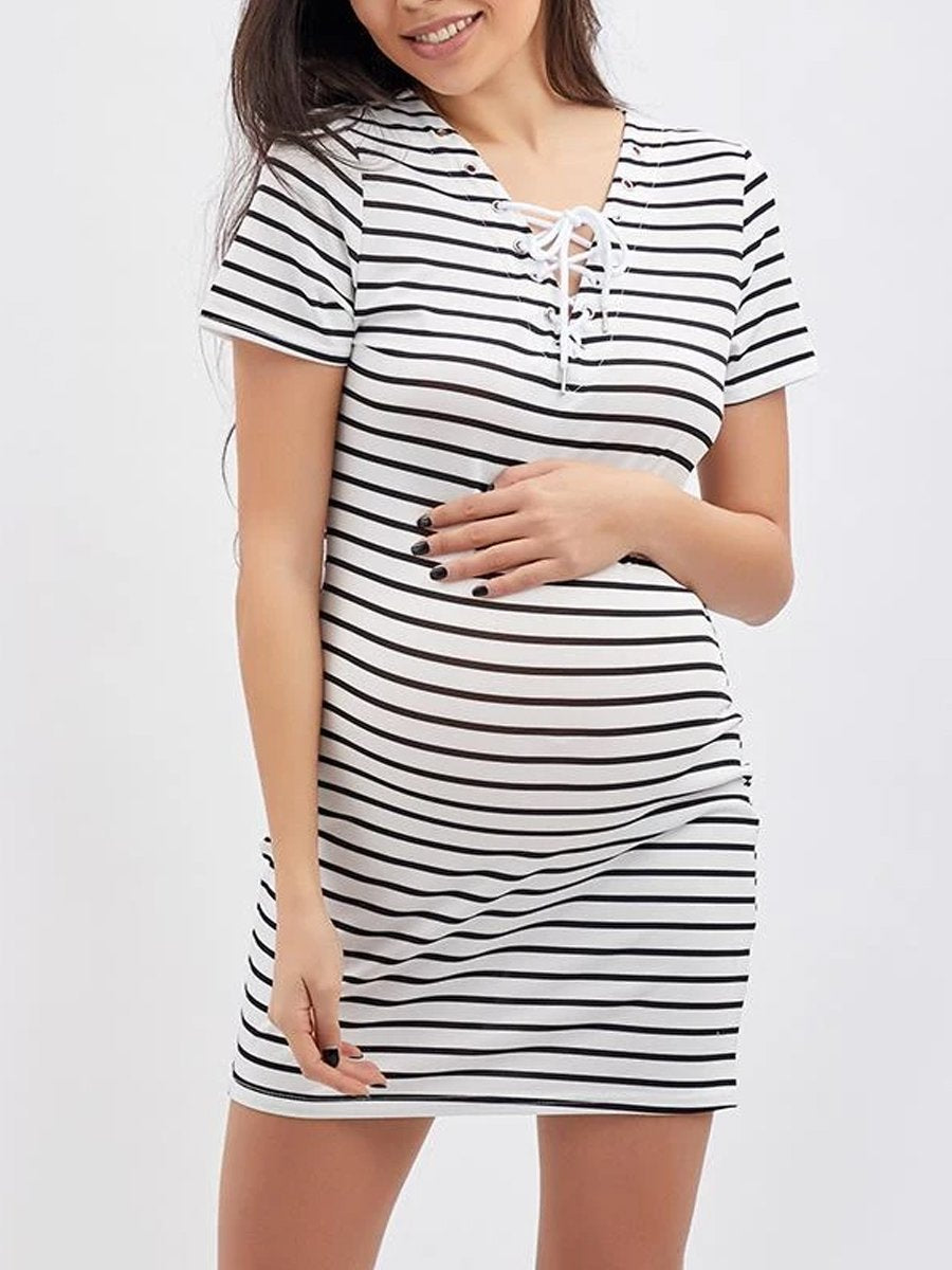 Maternity V-Neck Lace-Up Printed Shift Dress - dianjiang-