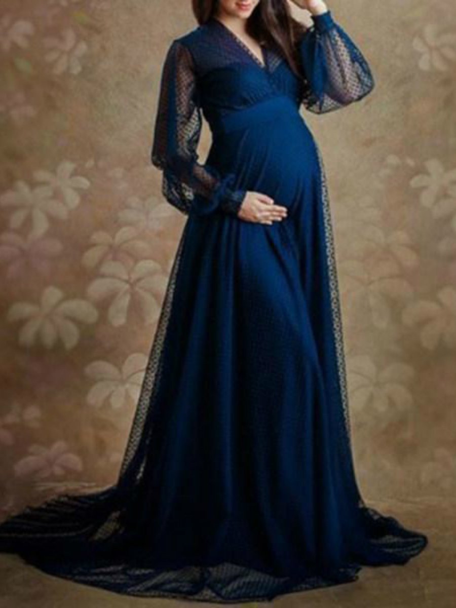 Maternity Shoot Pure Color Fashion Elegant Blue Gown - dianjiang-