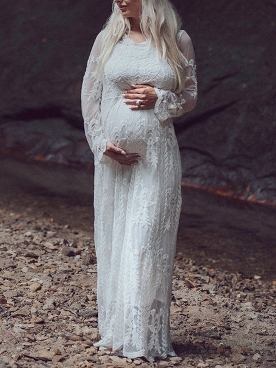 Maternity White Crochet Lace Photographic Long Dress - dianjiang-