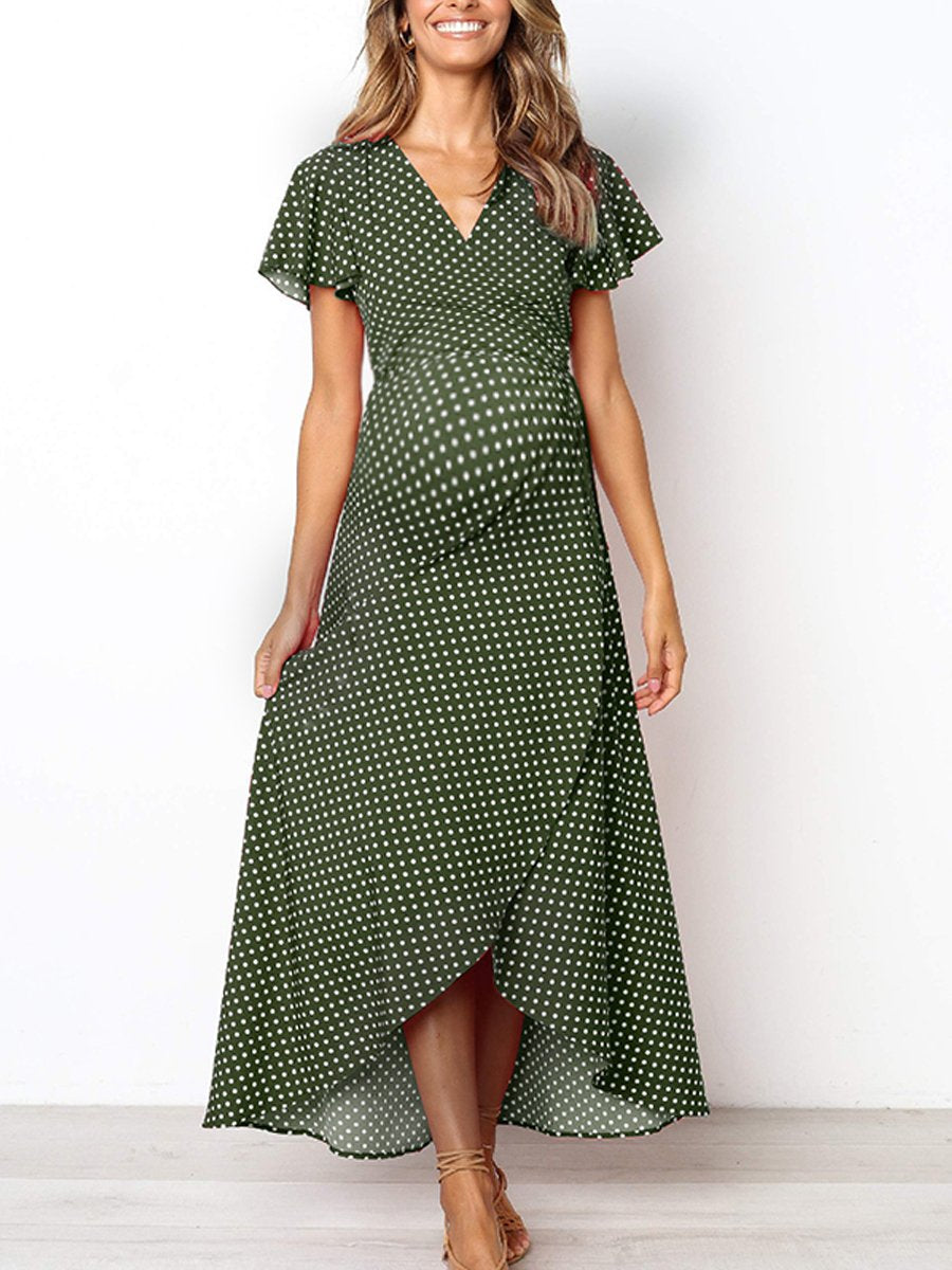 Maternity V-Neck Polka Dots Asymmetrical Long Dress - dianjiang-