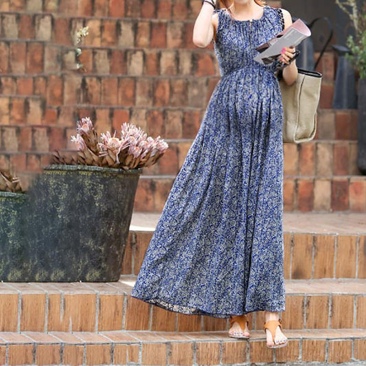 Maternity Sleeveless Floral Wavy Maxi Dress - dianjiang-