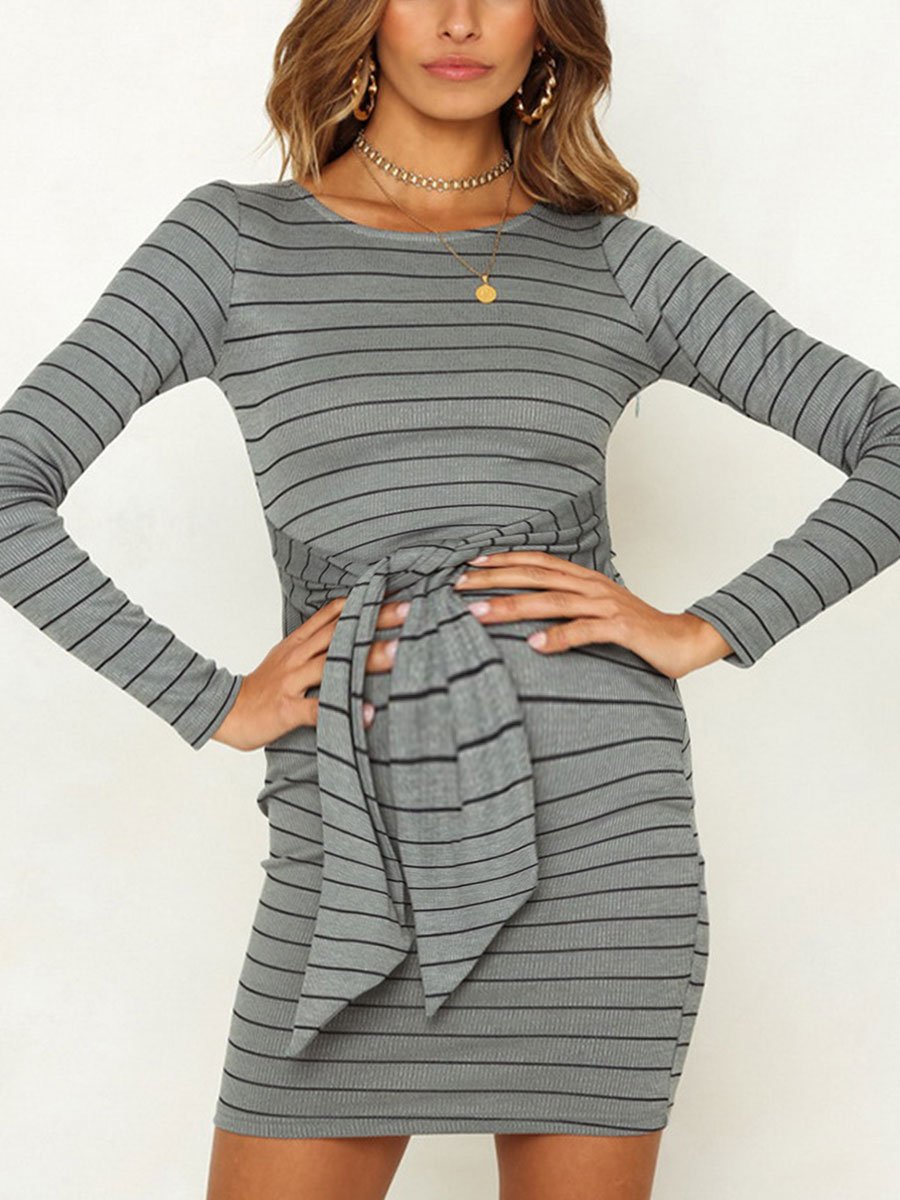 Round Neck Slim Fit Stripes Maternity Dress - dianjiang-