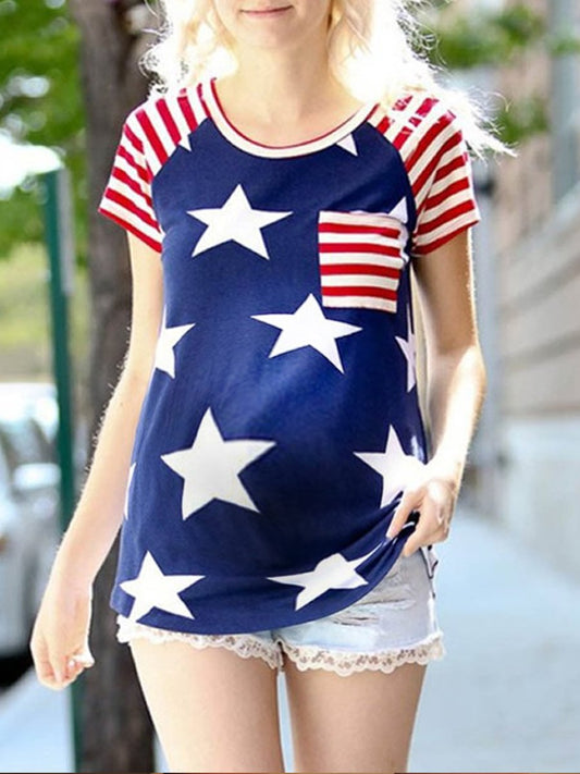 Maternity Flag Star Print Round Neck Short Sleeve T-Shirt - dianjiang-