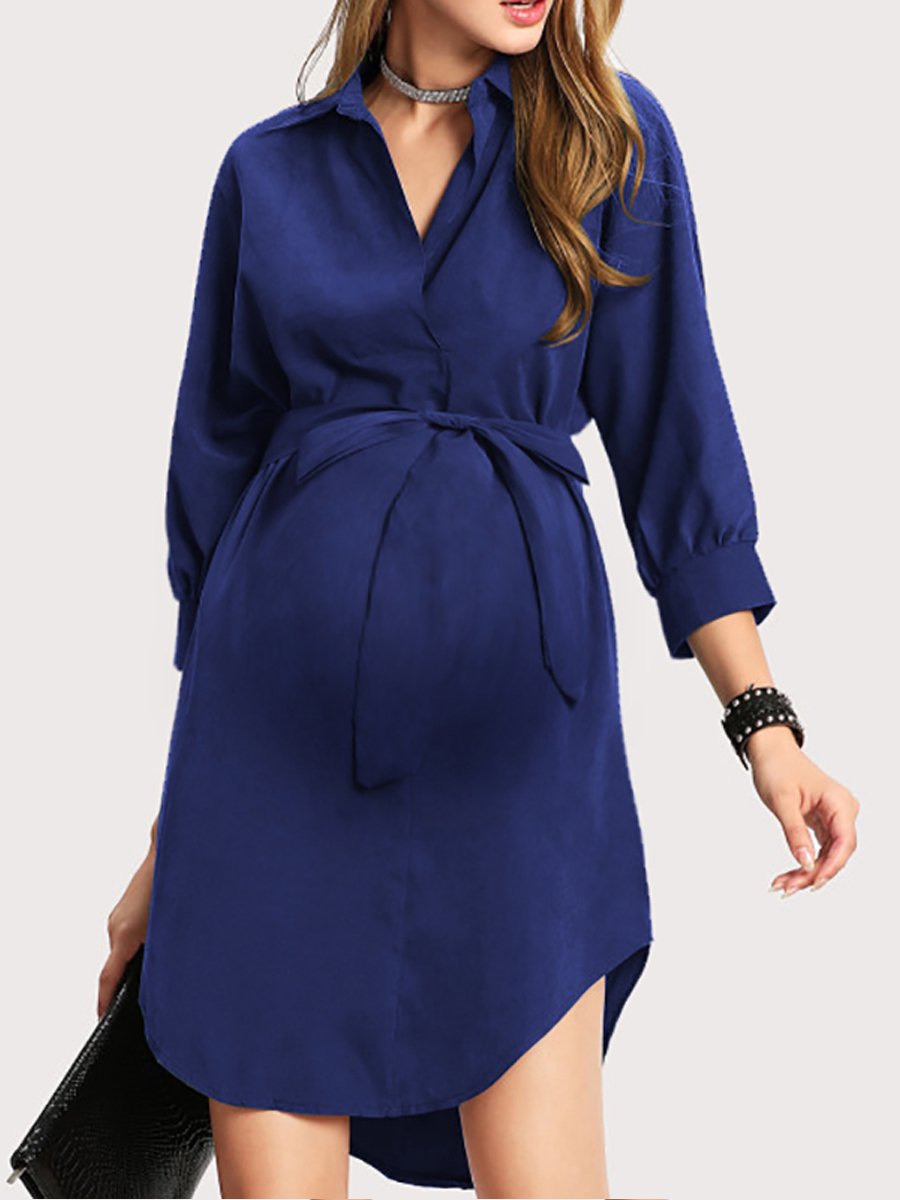 Maternity Fashion V Neck Pure Colour Shirtdress - dianjiang-