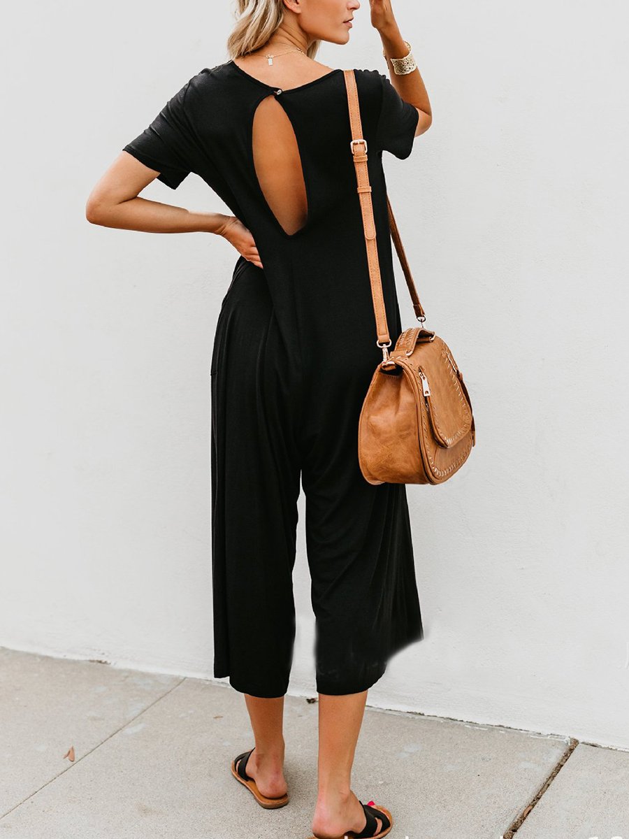 Solid Color Short Sleeve Loose Maternity Jumpsuit - dianjiang-