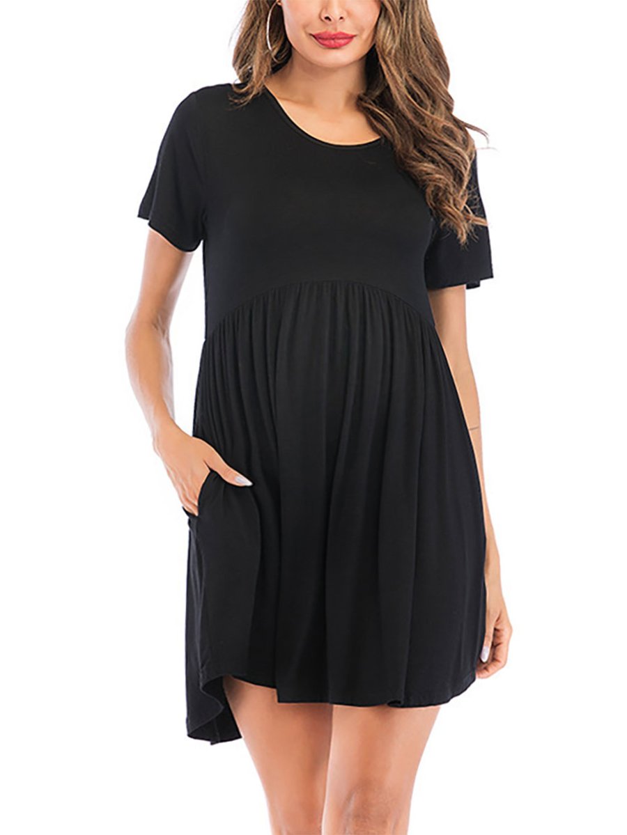 Maternity Solid Color Waist Casual Short Sleeve Dress - dianjiang-