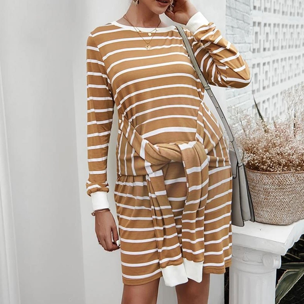 Polyester Round Neck Casual Maternity Dress - dianjiang-