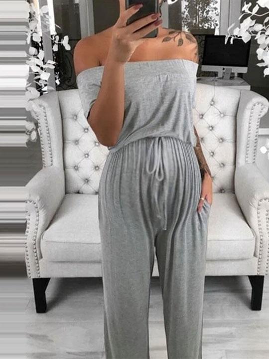 Maternity Casual Pure Color Word Collar Jumpsuit - dianjiang-