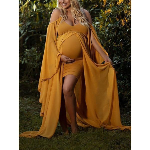 Maternity Elegant V-neck Off Shoulder Solid Color Dress - dianjiang-