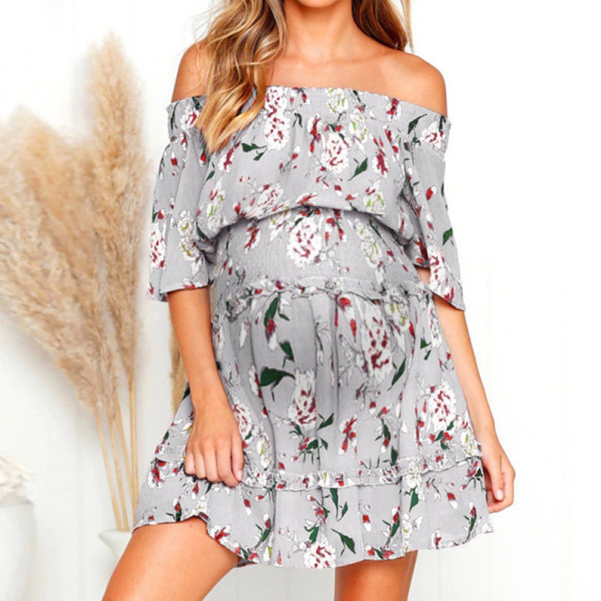 Off Shoulder High Waist Chiffon Print Maternity Dress - dianjiang-