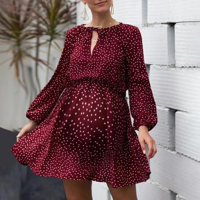 Maternity V-Neck Long-Sleeve Dot Printing Dress - dianjiang-