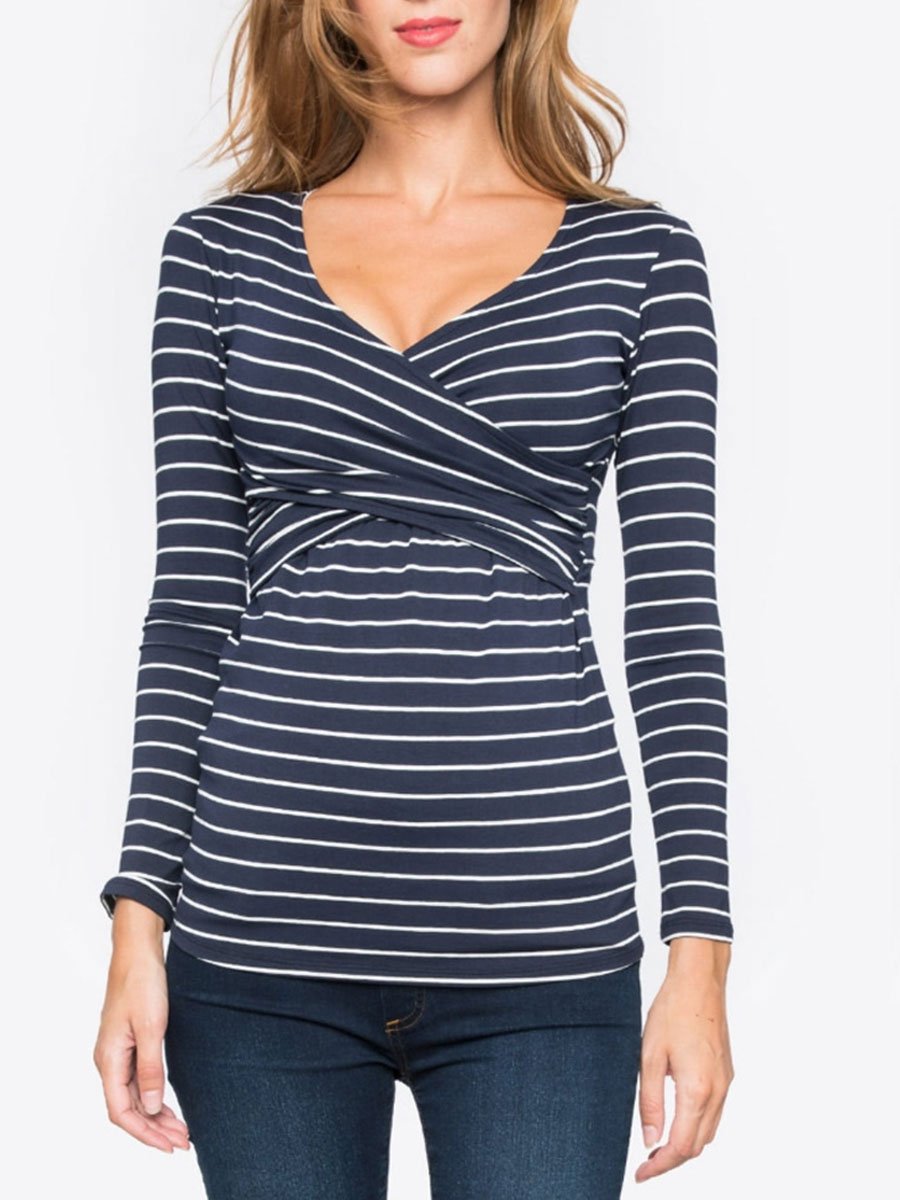 V-Neck Long Sleeve Striped Confinement Maternity Dress - dianjiang-