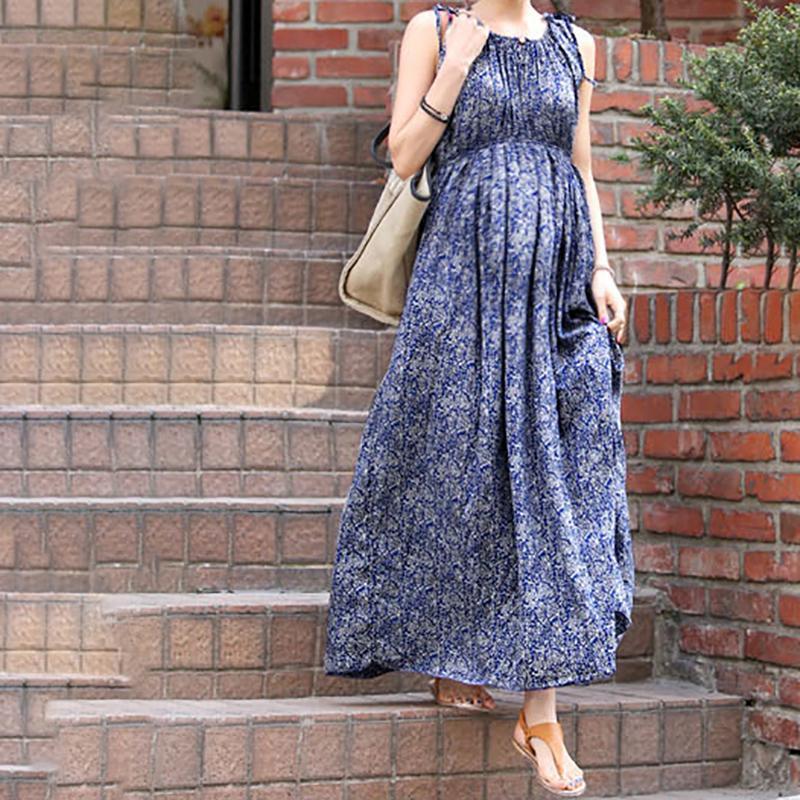 Maternity Sleeveless Floral Wavy Maxi Dress - dianjiang-