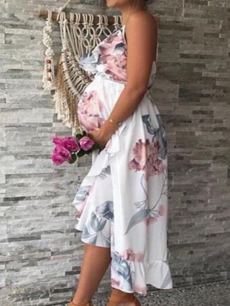 Ruffle Irregular Print Maternity Dress - dianjiang-