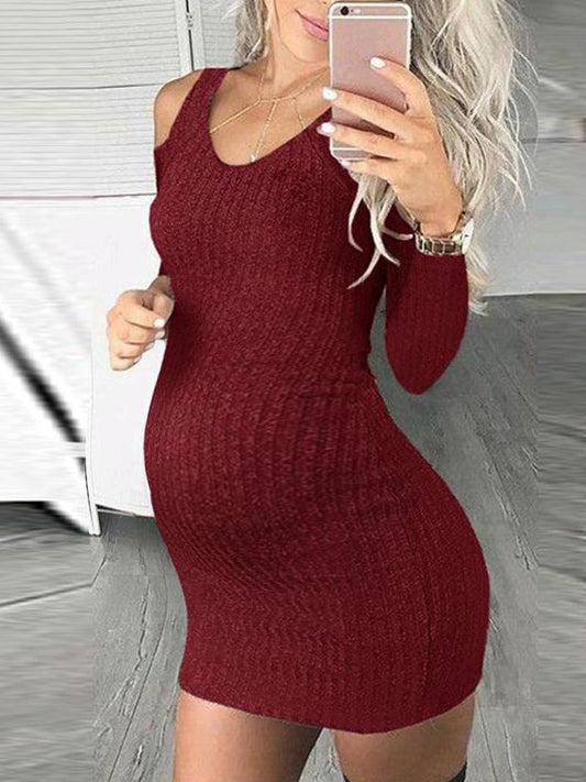 Maternity Long Sleeve Round Collar Pure Color Dress - dianjiang-