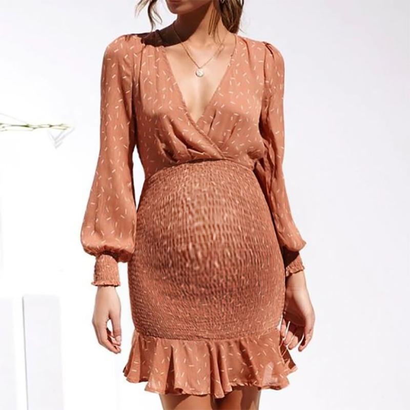 Maternity Sweet Deep V-neck Orange Pink Long Sleeve Ruffled Pleated Dress - dianjiang-