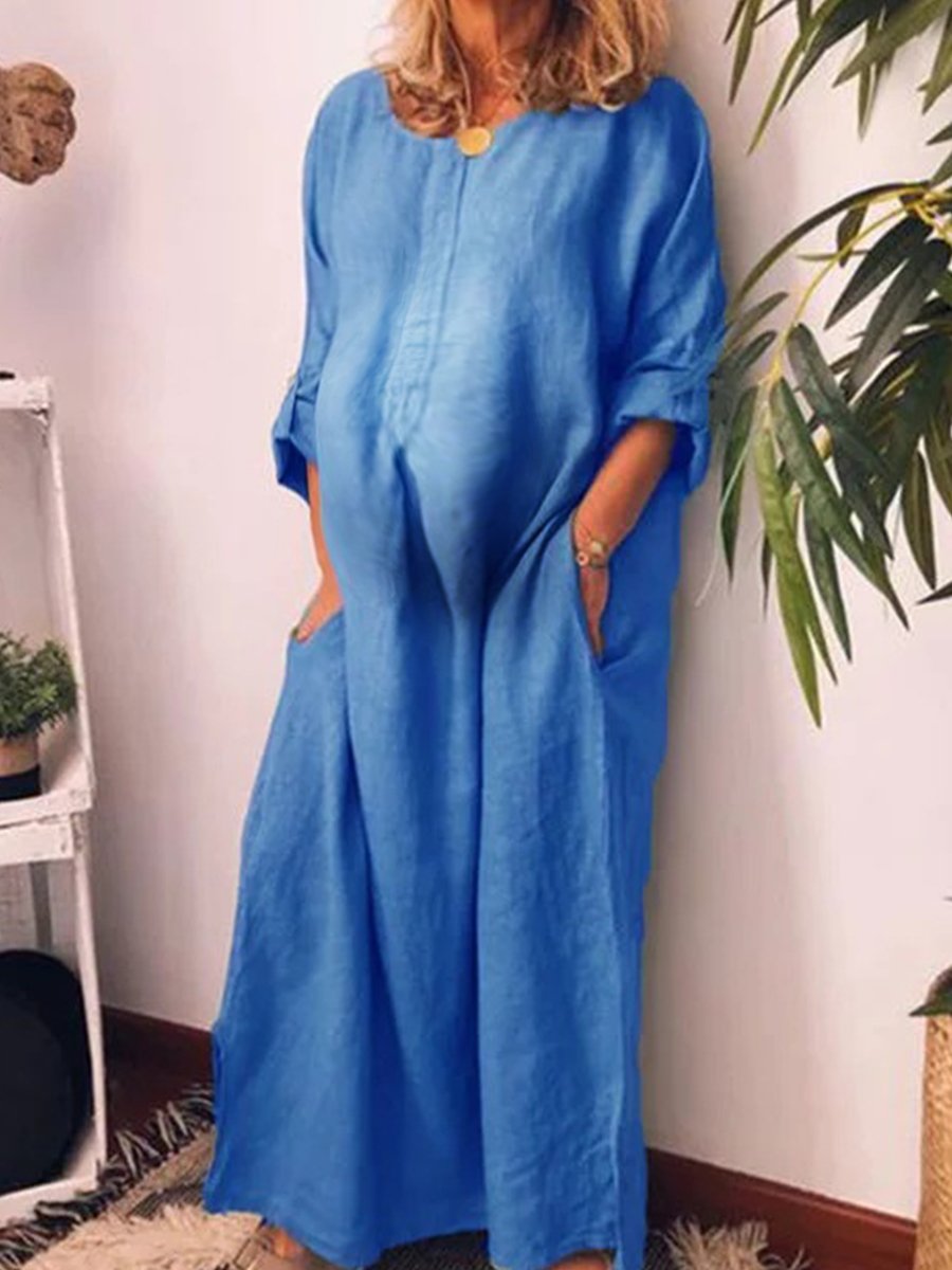 Maternity Solid Color Loose Long Sleeve Cotton and Linen Dress - dianjiang-