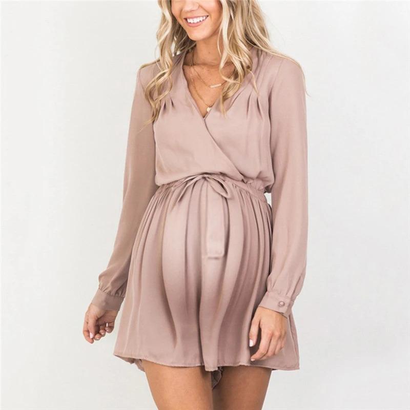 Maternity Fashion V Neck Long Sleeve Dress - dianjiang-