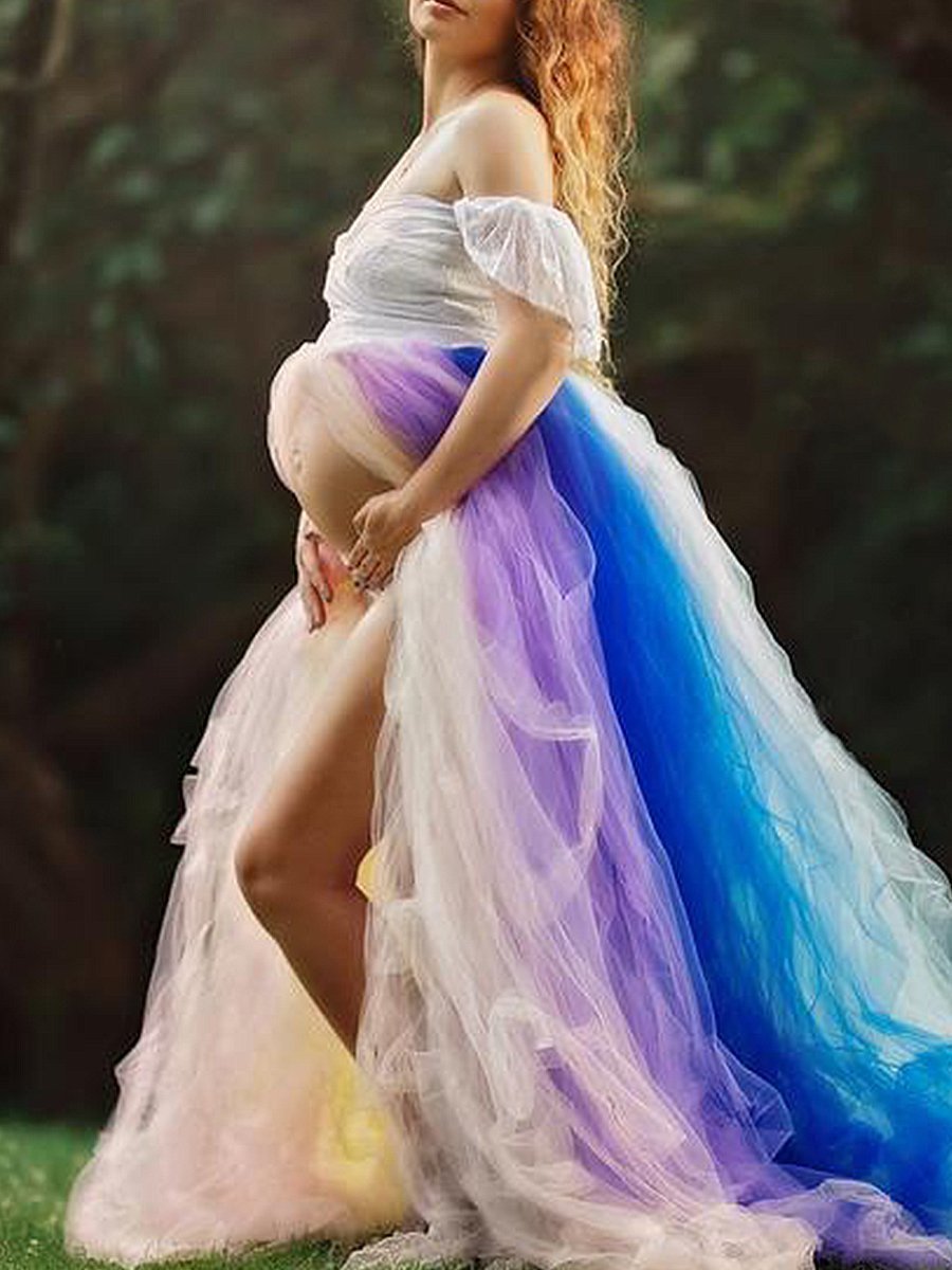 Maternity Elegant Rainbow Soft Yarn Photo Dress - dianjiang-