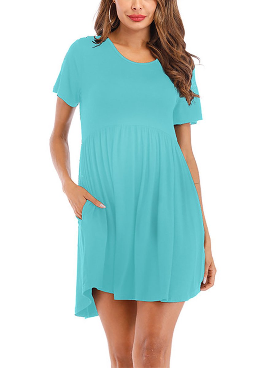 Maternity Solid Color Waist Casual Short Sleeve Dress - dianjiang-