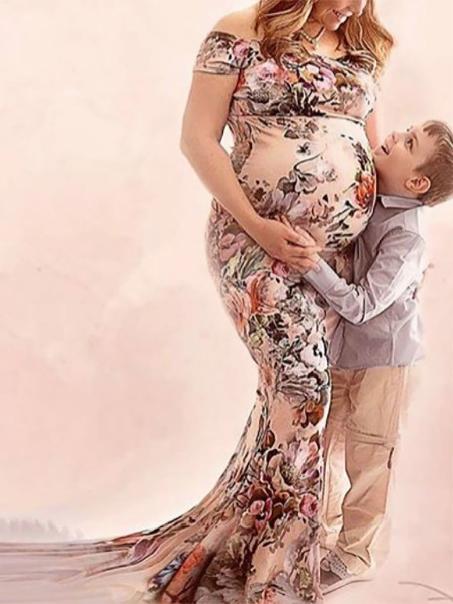 Printed Stretch-Neck Trailing Maternity Dress - dianjiang-