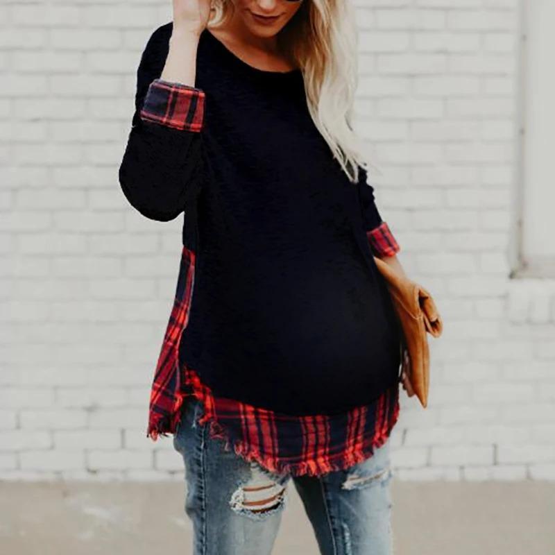 Women's Maternity Round Neck Splicing Check Long Sleeve Blouse - dianjiang-