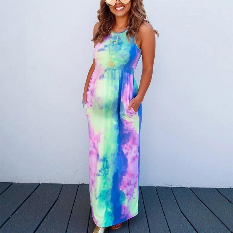 Maternity Tie Dye Round Neck Sleeveless Dress - dianjiang-