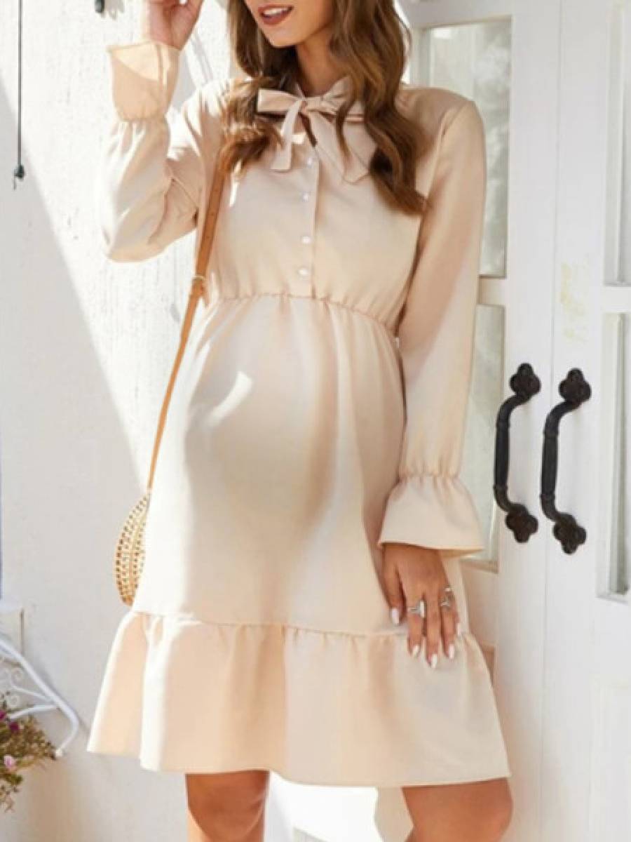 Maternity Solid Color Lace Ruffled Panel Dress - dianjiang-