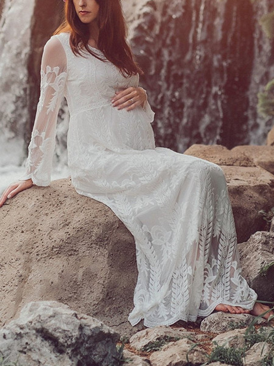 Maternity White Crochet Lace Photographic Long Dress - dianjiang-