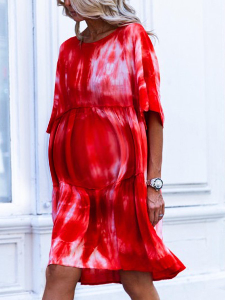 Round Neck Sleeves Tie-Dye Loose Maternity Dress - dianjiang-