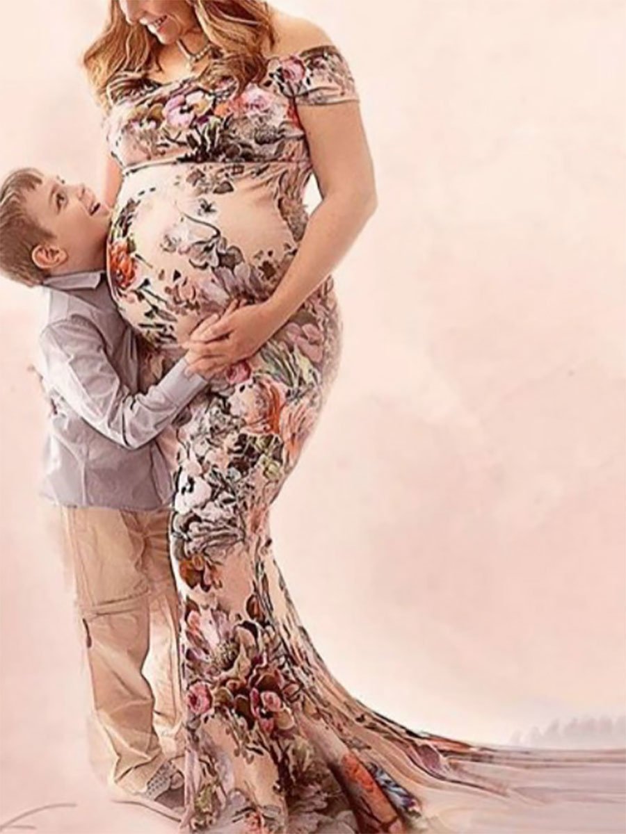 Printed Stretch-Neck Trailing Maternity Dress - dianjiang-